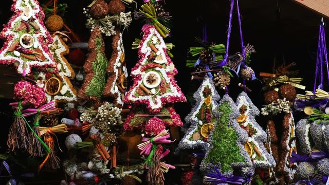 christmas trees decorations kiosk door market stall details hang