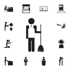 Cleaner Man with a broom sweeping roads icon. Set of professions disasters icons. Signs and symbols collection, simple icons for websites, web design, mobile app, info graphics