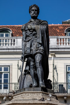 Statue of the 16th century poet Luis Vaz de Camoens in Lisbon, Portugal, sculpted by Vitor Bastos in 1867. Camoens is considered Portugal's and the Portuguese language's greatest poet.