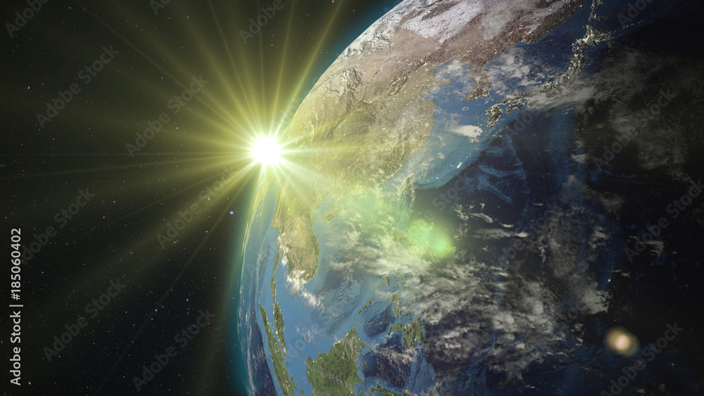 Poster 3d rendering earth from space against the background of the starry sky and the sun. shadow and illum
