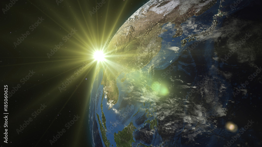 Poster 3d rendering earth from space against the background of the starry sky and the sun. shadow and illum