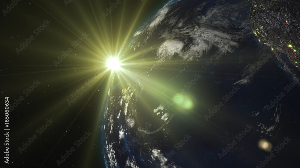 Poster 3d rendering earth from space against the background of the starry sky and the sun. shadow and illum