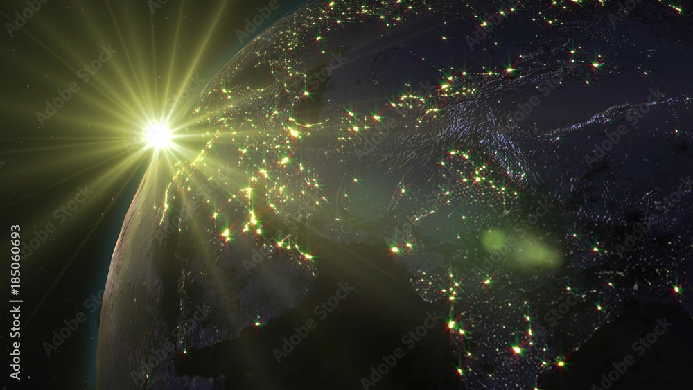 Poster 3d rendering earth from space against the background of the starry sky and the sun. shadow and illum