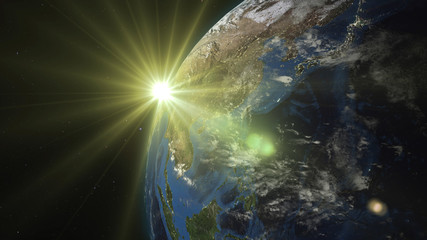 3D rendering Earth from space against the background of the starry sky and the Sun. Shadow and illuminated side of the planet with cities. Through the atmosphere of the planet can be seen the sunrise