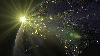 3D rendering Earth from space against the background of the starry sky and the Sun. Shadow and...