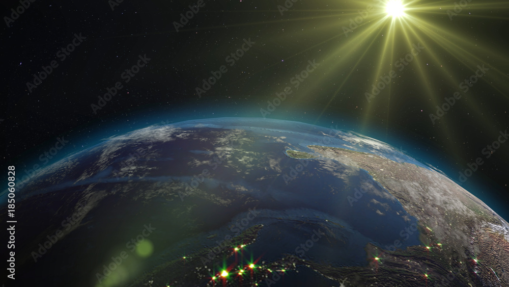 Poster 3d rendering earth from space against the background of the starry sky and the sun. shadow and illum