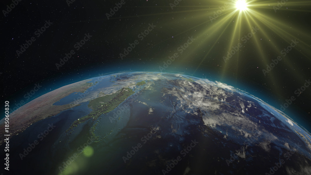 Poster 3d rendering earth from space against the background of the starry sky and the sun. shadow and illum