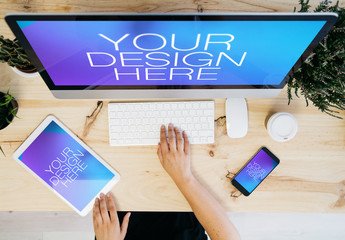 Top View Mockup of Desktop User with Tablet and Smartphone