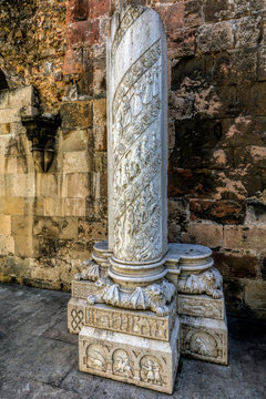 Carved marble column in the cloister of the Lisbon Cathedral in Lisbon, Portugal