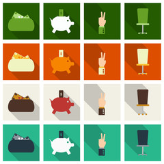 Set of business simple icons. Economic concept in flat style with long shadow