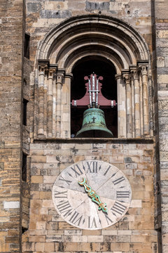 The bell and the clock on the Lisbon Cathedral's tower. The cathedral was originated in the 12th century and classified as a National Monument since 1910.