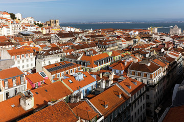 Fototapeta na wymiar View of Lisbon, Portugal from the Santa Justa Lift, towards the sea and the Lisbon Cathedral.