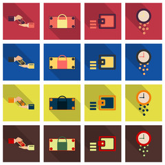 Set of business simple icons. Economic concept in flat style with long shadow