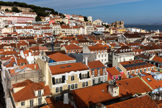 View of Lisbon, Portugal from the Santa Justa Lift, towards the sea and the Lisbon Cathedral.