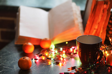 christmas table fruits and drinks with color garland