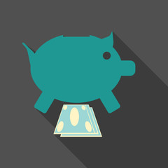 Piggy bank with bill icon flat design with long shadows