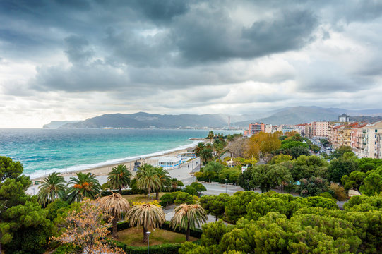 Grey stormy sky over the coast of Savona, Italy