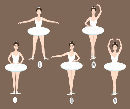 Young dancer performs the five basic ballet positions, demonstrating the correct placement of arms, legs and feet