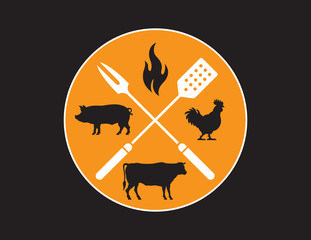 Circular Barbecue or Grilling emblem.
Vector Barbecue design features cow, pig, chicken, and flame silhouette illustrations with crossed fork and spatula.