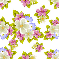 Floral seamless pattern of several flowers and leaves. For design of cards, invitations, posters, banners, greeting for birthday, Valentine's day, wedding, party, holiday, celebration.