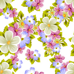 Floral seamless pattern of several flowers and leaves. For design of cards, invitations, posters, banners, greeting for birthday, Valentine's day, wedding, party, holiday, celebration.