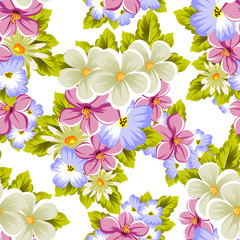 Fototapeta na wymiar Floral seamless pattern of several flowers and leaves. For design of cards, invitations, posters, banners, greeting for birthday, Valentine's day, wedding, party, holiday, celebration.