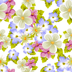 Floral seamless pattern of several flowers and leaves. For design of cards, invitations, posters, banners, greeting for birthday, Valentine's day, wedding, party, holiday, celebration.