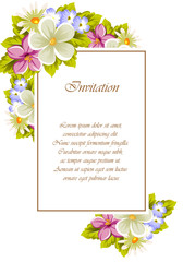 Floral frame of several flowers and leaves. For design of cards, invitations, posters, banners, greeting for birthday, Valentine's day, wedding, celebration.