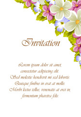 Floral frame of several flowers and leaves. For design of cards, invitations, posters, banners, greeting for birthday, Valentine's day, wedding, celebration.