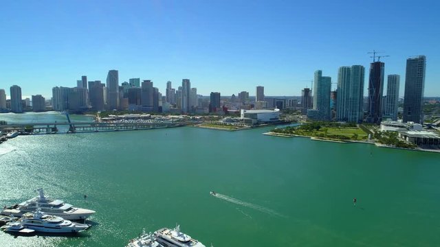 Skyscrapers on the bay Downtown Miami aerial stock video 4k 24p