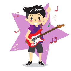 Young boy playing Electric guitar Happy Love music Star Background character design illustration vector in cartoon style