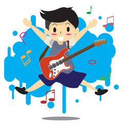 Young boy playing electric rock guitar Happy Love music abstract Background character design illustration vector in cartoon style