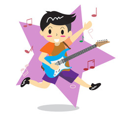 Young boy playing electric rock guitar Happy Love music Star Background character design illustration vector in cartoon style