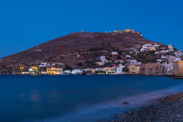 Fototapeta premium Night scene in Agia Marina village, Leros island, Dodecanese, Greece