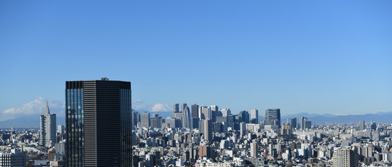 日本の東京都市景観「都内から見る富士山と新宿などの高層ビル群を望む」