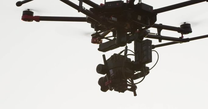 Large drone octocopter filming sunset - close up