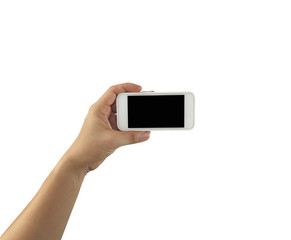 hand of a businessman holding a smartphone and have blank screen isolated on white background.