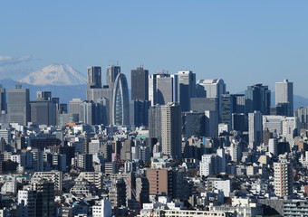 Fototapeta na wymiar 日本の東京都市景観・青空「富士山と新宿などの高層ビル群を望む」