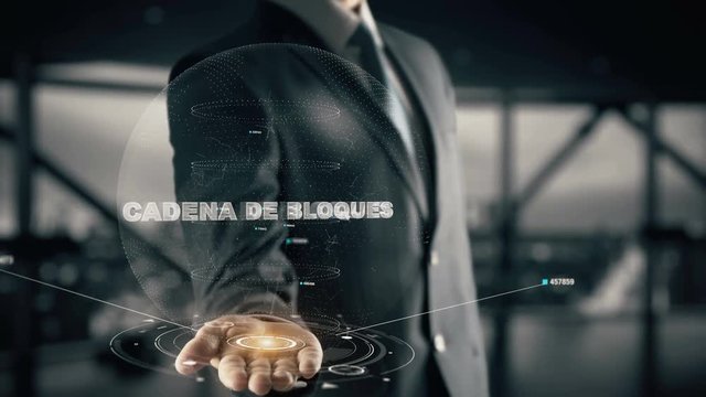 Cadena de bloques with hologram businessman concept, in English blockchain