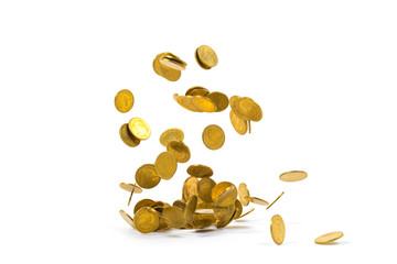 Falling gold coins money isolated on the white background, business concept.