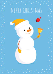 Christmas greeting card. Vector cartoon illustration. A cute snowman looking at a flying redbird, a northern cardinal, and ringing a golden bell. Vertical format, light blue background. Snowy frame.
