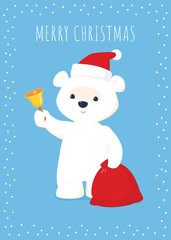 Vector Christmas greeting card. White baby polar bear in a Santa hat holding a red sack and ringing a golden bell. Sky blue background. White text and snow dots frame. Vertical format.