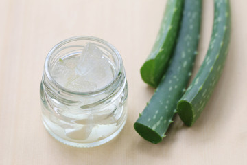 Sliced fresh Aloe Vera on wooden floor.