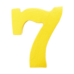 Golden yellow wood number 7 or Seven  isolated white background.One of full number set