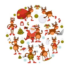 2018 cartoon Santa and deer poster or greeting card design template for Christmas and New Year.