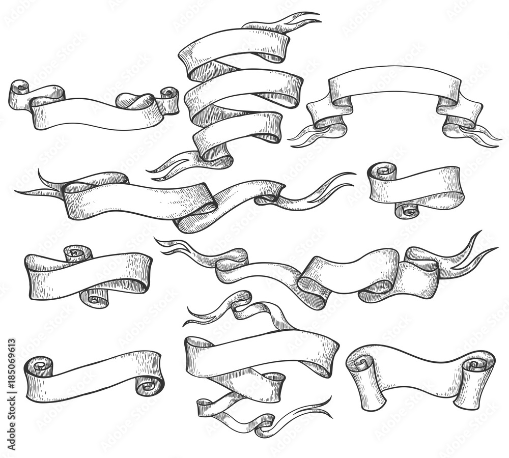 Wall mural scroll sketch. vintage hand drawn banner and sketched swirl ribbons vector illustration
