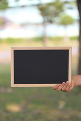 Hand of a business woman holding a empty black wooden picture frame on blur garden background.