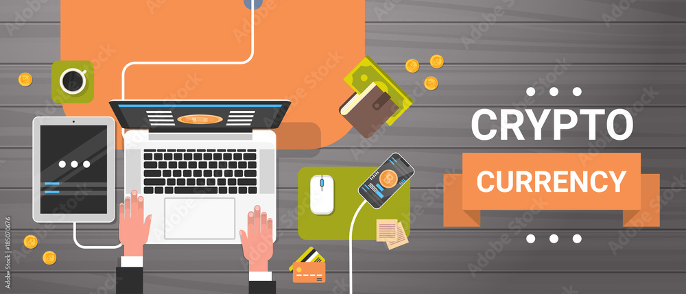 Poster bitcoin mining workplace top view horizontal banner man working at laptop computer trading crypto cu