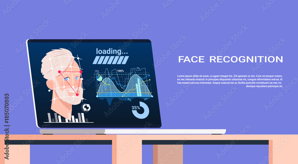 Aufkleber face recognition concept technology of biometric scanning on laptop male user authentication technol