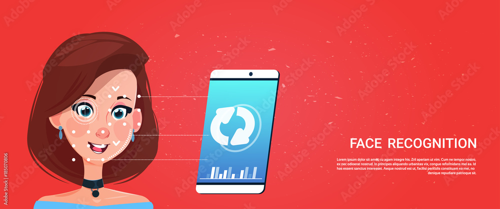 Poster biometric scanning smart phone access technology female user face recognition concept security syste